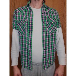 Men's Hollister Pink Green Blu Pearl Snap Button Shirt Short Sleeve Size S Plaid